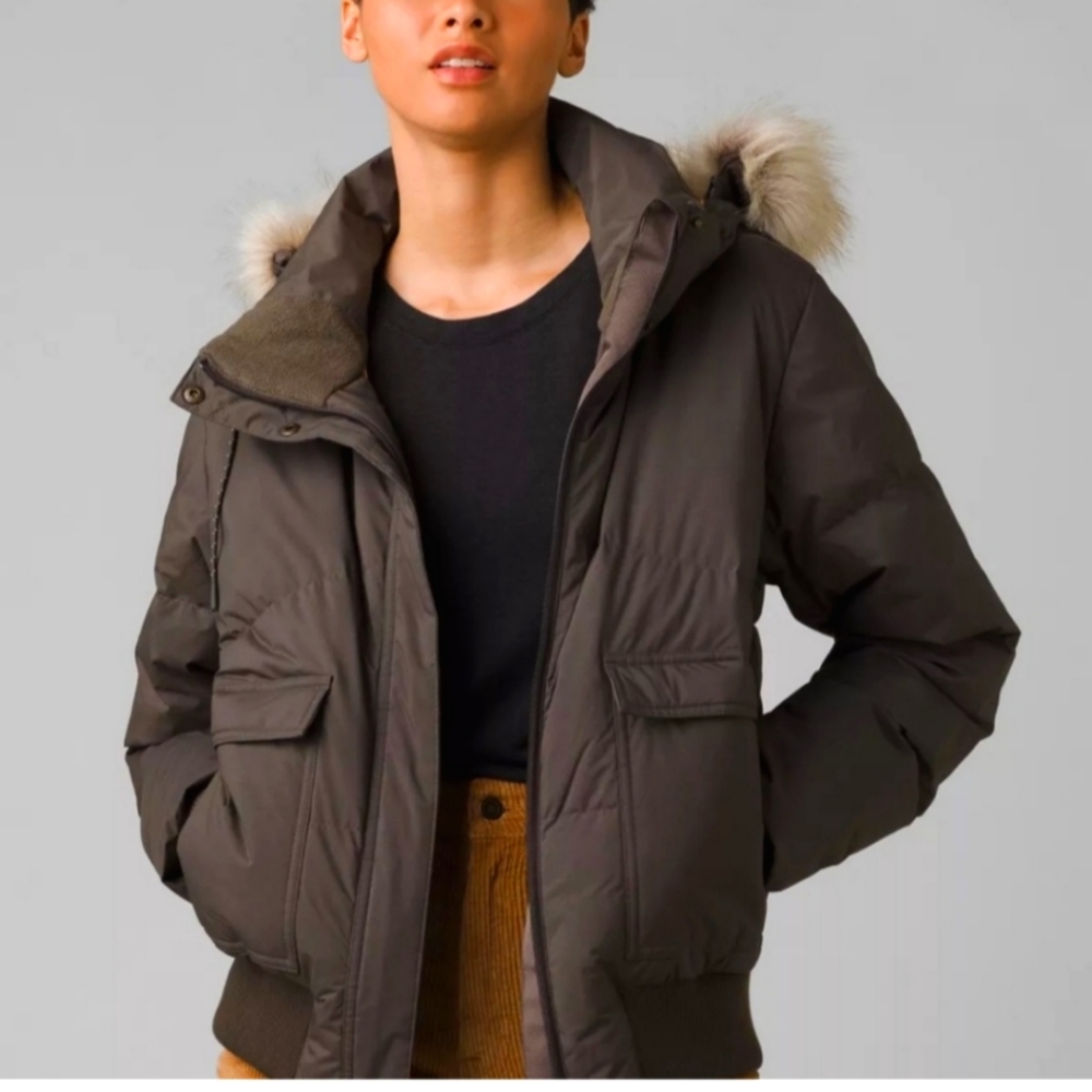 NWT Down PrAna Kromata Bomber Hood Faux Fur Trim Jacket Black Olive L